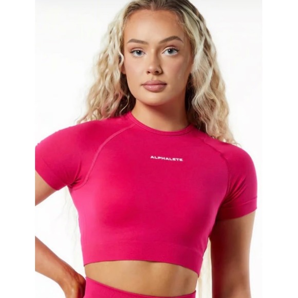 Alphalete Amplify Crop Top Womens XL Pink Stretchy Workout Athletic Barbie - Picture 1 of 9